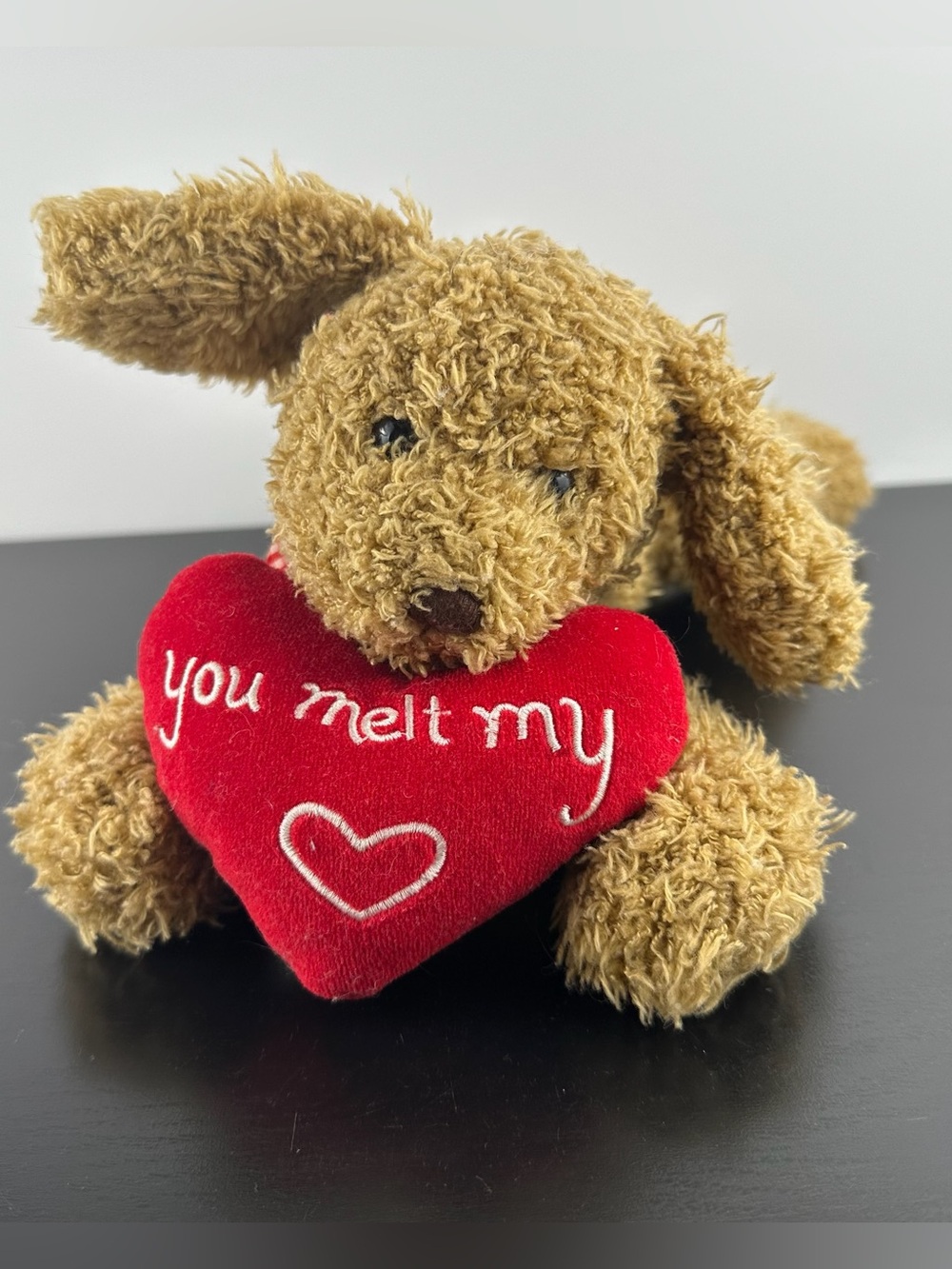 Hallmark Rare You Melt My Heart Love Puppy Dog 13" Red Plaid Bow Curly Tan Plush